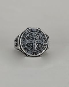 Anel São Bento Octogonal Relevos Aço