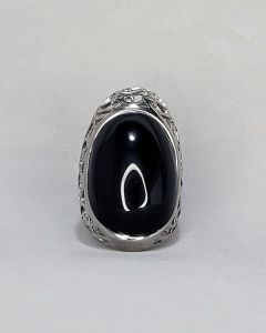 Anel Tribal Vazada Pedra Preta Oval Lisa Aço 