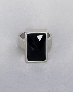 Anel Retângulo Pedra Preta Facetada 12x20mm Aço 