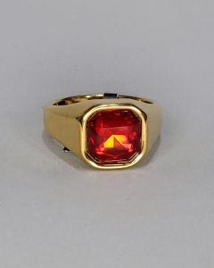 Anel Quadrado Liso Pedra Vermelha 10x10mm Aço Gold