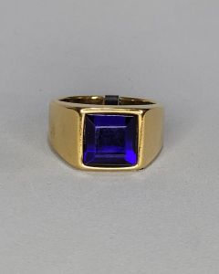 Anel Quadrado Liso Pedra Azul 11x11mm Aço Gold