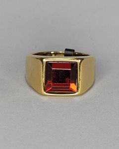 Anel Quadrado Liso Pedra Vermelha 11x11mm Aço Gold