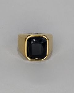 Anel Quadrado Liso Pedra Preta 13x15mm Aço Gold