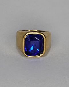 Anel Quadrado Liso Pedra Azul 13x15mm Aço Gold