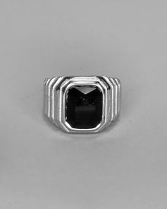 Anel Quadrado Relevos Pedra Preta 11x13mm Aço 