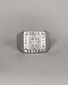 Anel Cruz no Quadro com Strass Aço Prata