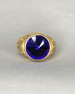 Anel Redondo Gravura indiana Pedra Azul Aço Gold