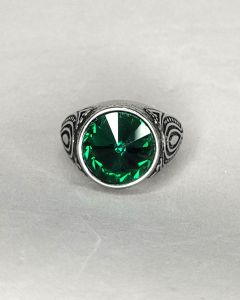 Anel Redondo Gravura indiana Pedra Verde Aço 