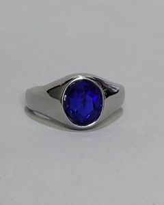 Anel Oval Pequeno Liso Pedra Azul 8x10mm Aço