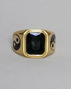 Anel Yin Yang Duo Pedra Verde 10x12mm Aço Gold