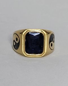 Anel Yin Yang Duo Pedra Azul 10x12mm Aço Gold