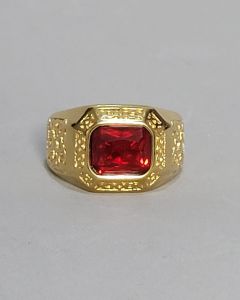 Anel Tribal Pedra Vermelha 8x10mm Aço Gold