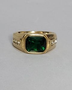 Anel Trio Strass Pedra Verde 8x10mm Aço Gold