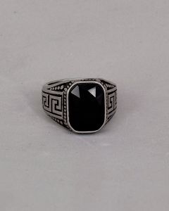 Anel Tribal Relevo Pedra Preta 10x14mm Aço