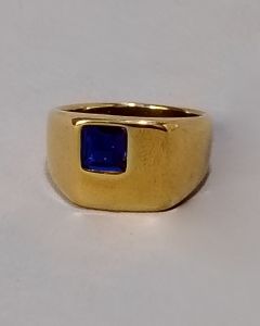 Anel Quadrado Liso Pedra Azul 6x6mm Aço Gold