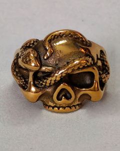 Anel Caveira com Cobra Aço Gold