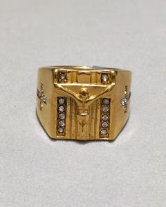 Anel Jesus na Cruz duplo Strass Aço Gold