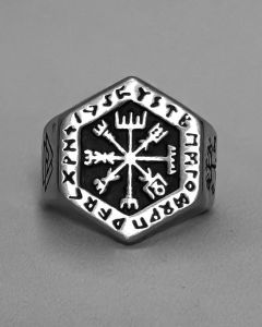Anel Runa Hexagonal Prata fosco Aço