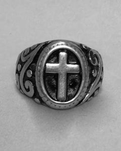 Anel Cruz Oval com Ramo Aço