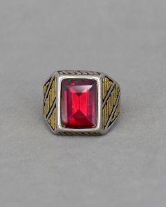 Anel Masculino Ondular Triplo Pedra Vermelha Aço Gold - 27