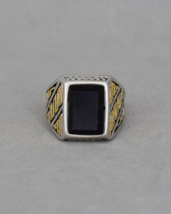 Anel Masculino Ondular Triplo Pedra Preta Aço Gold - 29