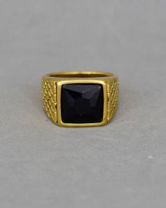Anel Masculino Pedra Preta Losango Aço Gold - 24